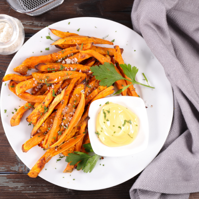 Simple Sweet Potato Fries & Spicy Chilli Mayo