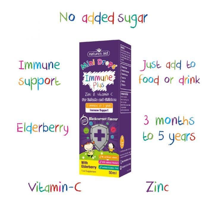 Natures Aid Immune Plus Mini Drops for Infants and Children, Sugar Free, 50 ml - SoulBia